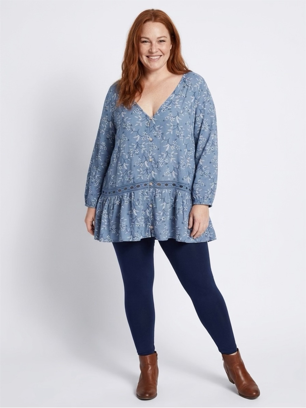 Cato Light Blue Floral V-Neck Peplum Tunic